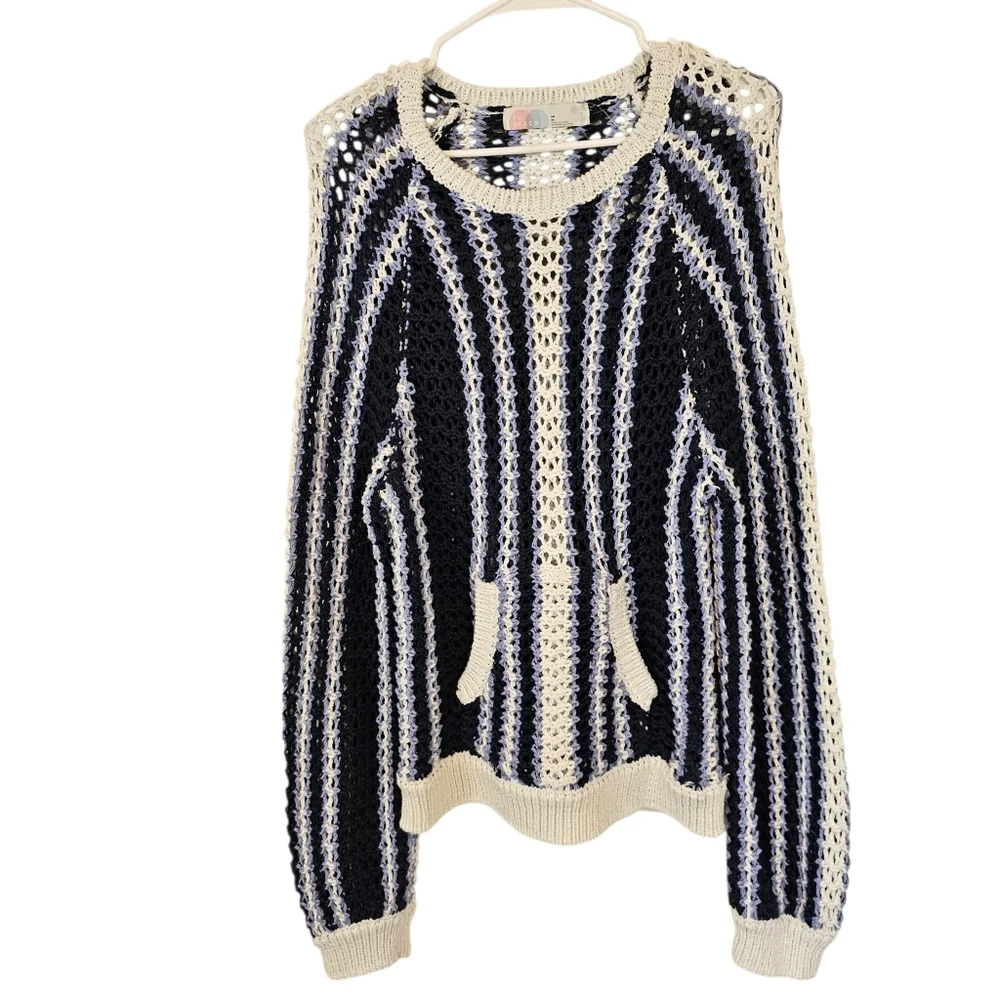Free People Beach Crochet Striped Dayton Sweater Midnight Rain Combo
